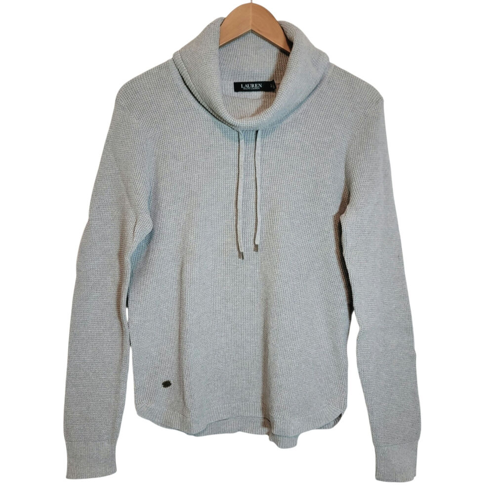 Ralph Lauren Cowl Neck Waffle Knit Cotton Top Long Sleeve Relaxed Fit Gray L